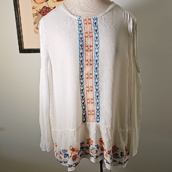 JohnPaulRichard White Blouse with Blue and Orange Embroidery. Open Shoulders XL - Picture 1 of 9